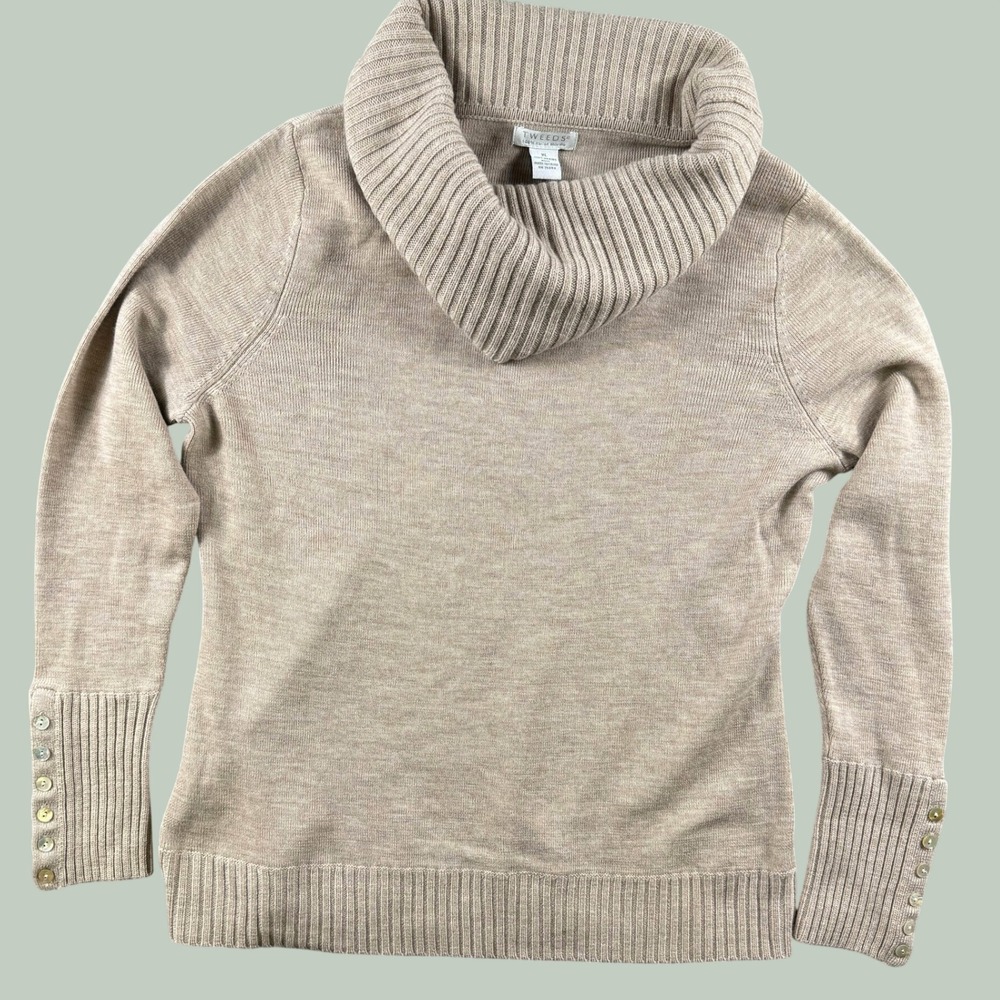 Tweeds Cowl Neck Sweater Womens XL Tan Italian Merino Wool Button Cuff Pullover